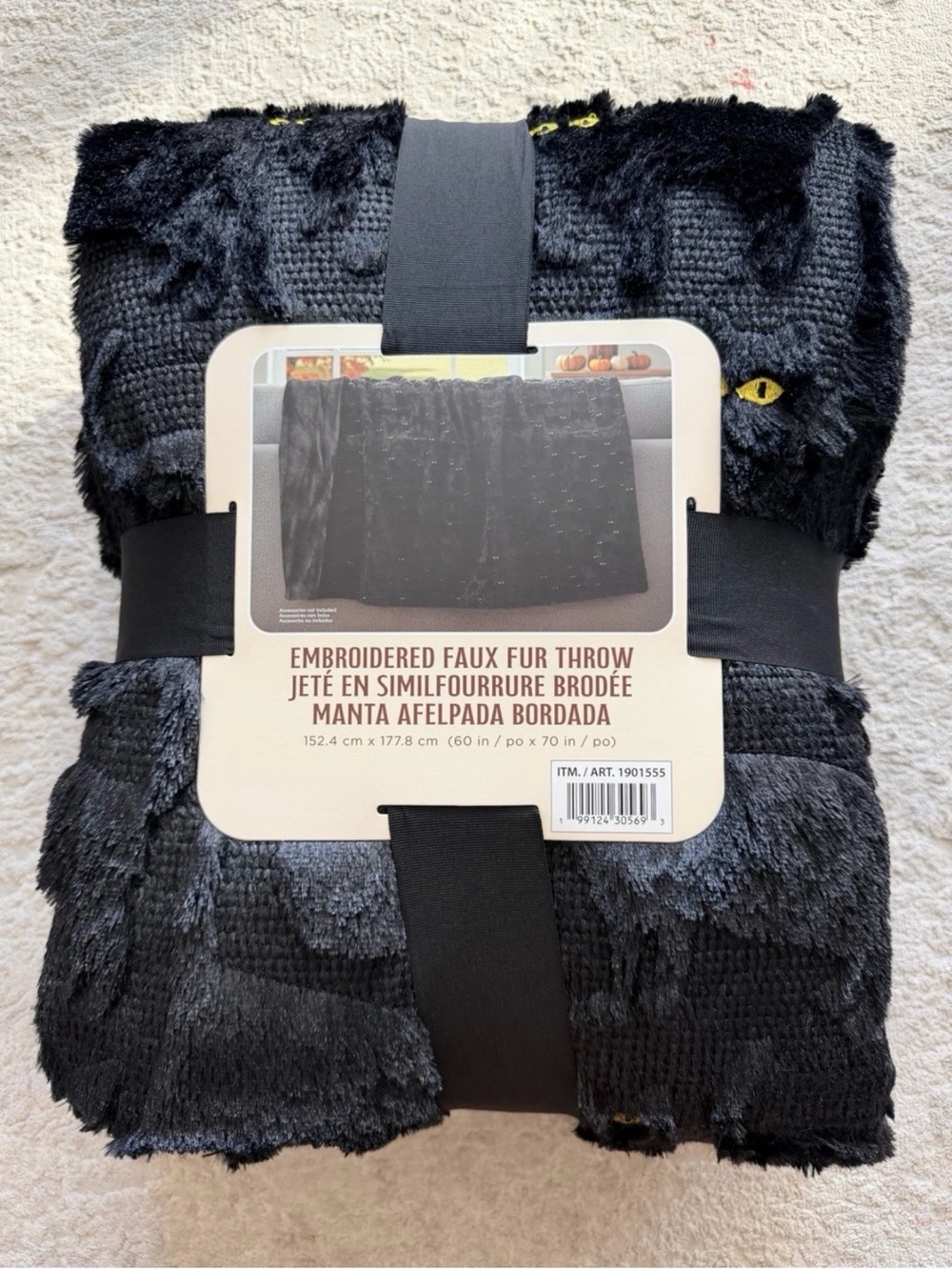 NWT Costco Halloween Black Cat Embroidered Faux Fur Blanket 60x70